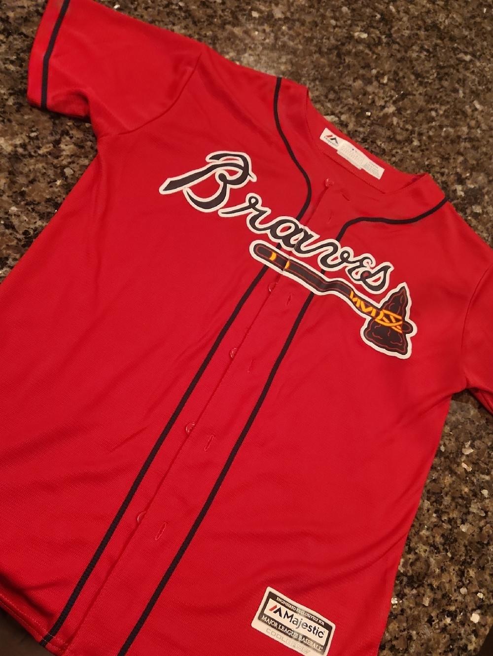 Majestic Red Kids Atlanta Braves Button-Front Jersey with Navy Trim